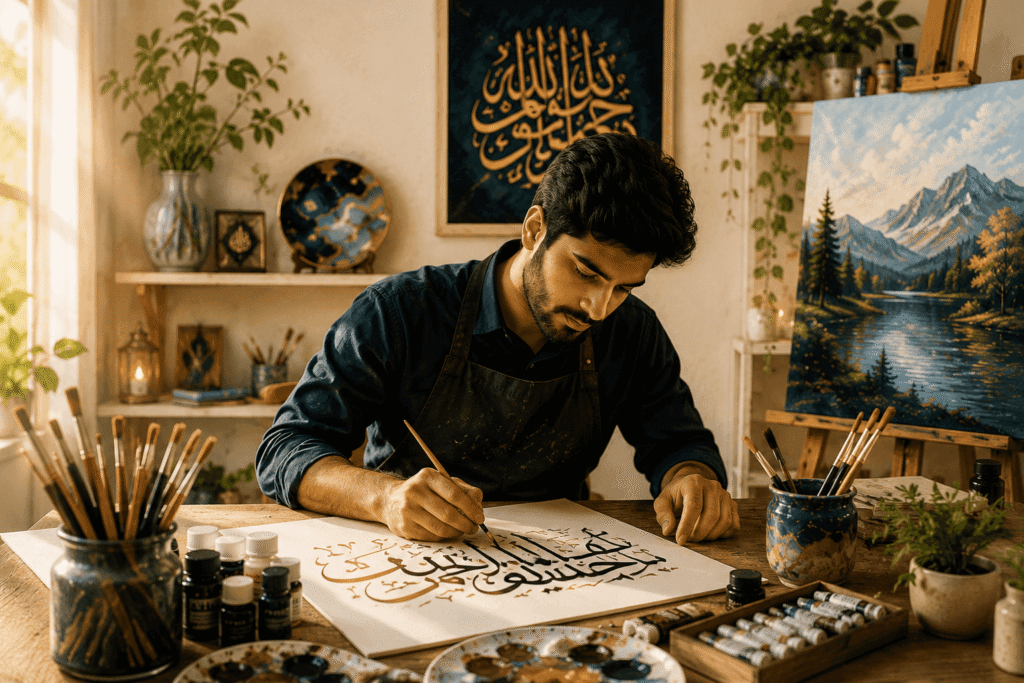 artist creating Arabic calligraphy in a creative art studio