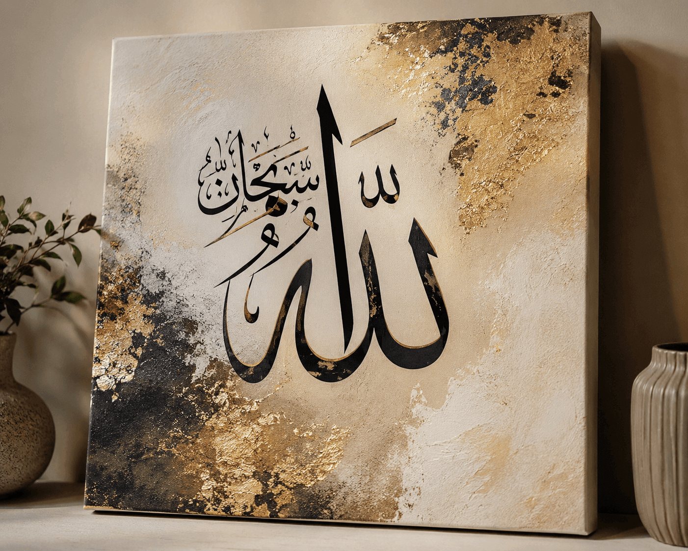 Black Arabic Allah calligraphy on a modern gold and cream canvas
