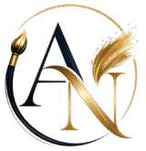 Monogram logo featuring interlocking letters A and N in black and metallic gold, wrapped with a paintbrush sweeping along a thin gold circular frame.